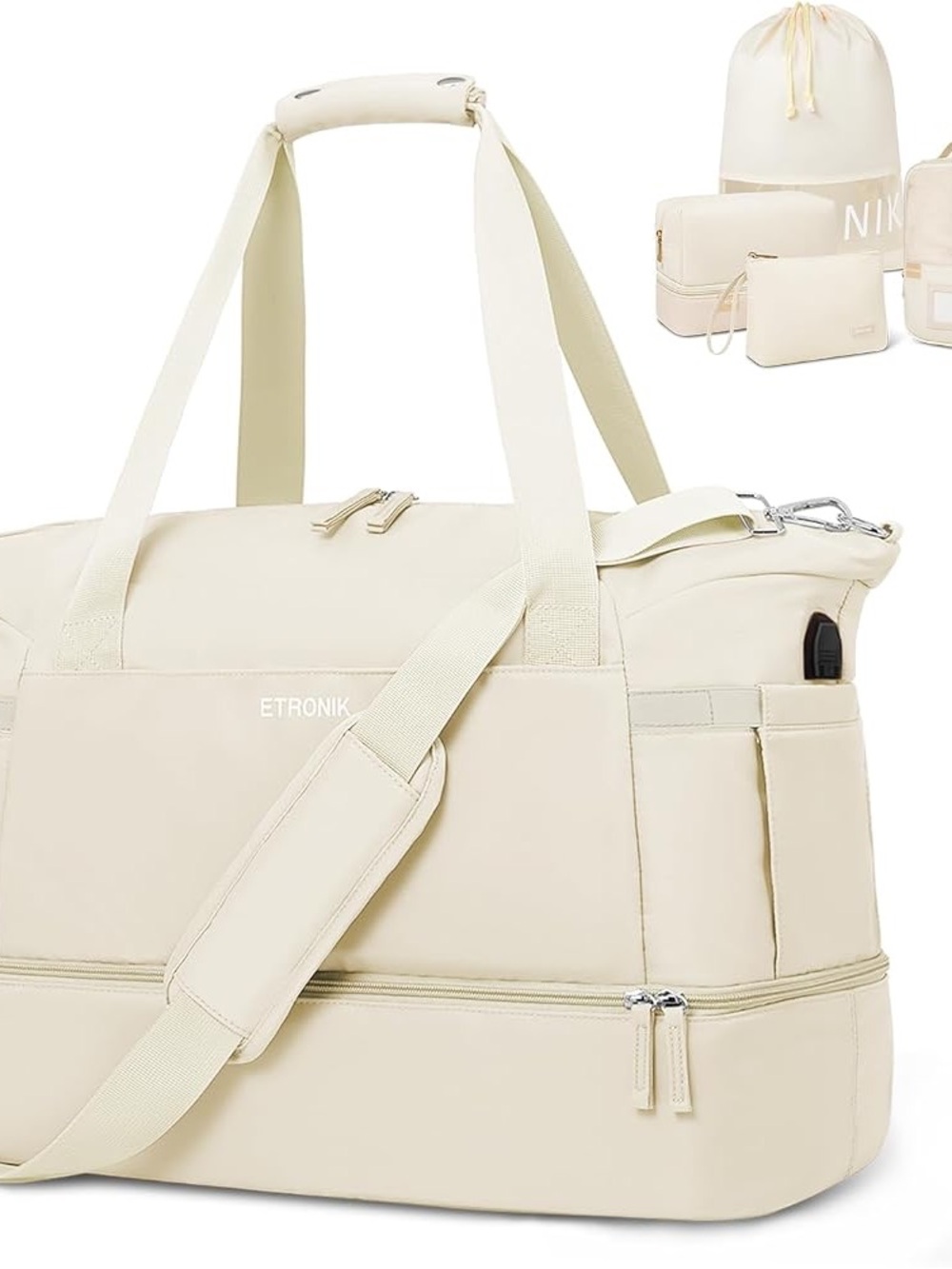 Etronik Cream Travel Duffel Bag with USB Charging
